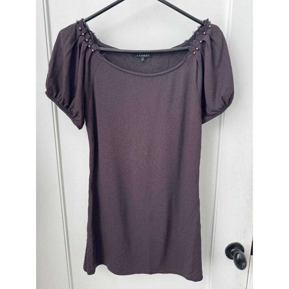 Theory Studded Purple Short Sleeve Wool/Rayon Blouse - Size Medium